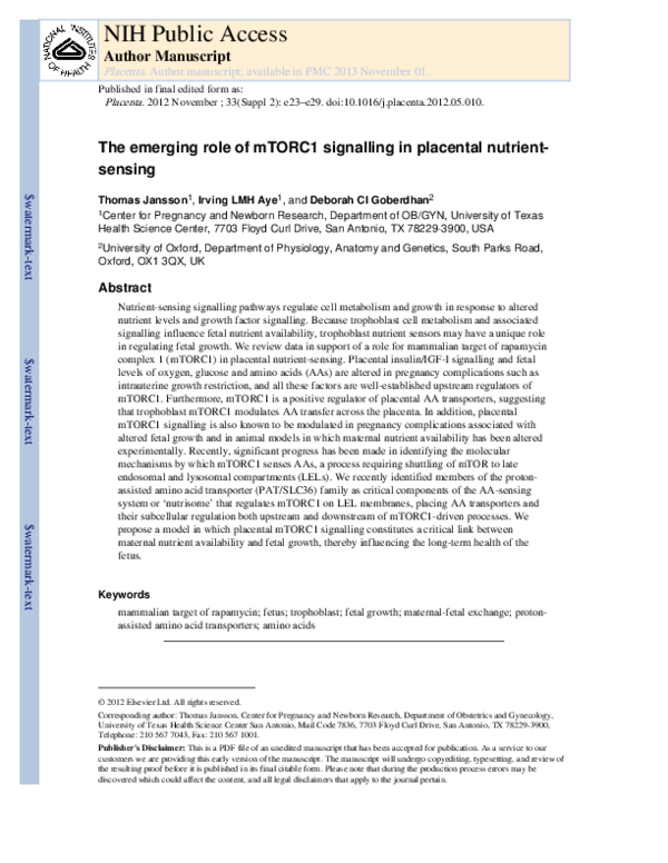(PDF) The emerging role of mTORC1 signaling in placental nutrient-sensing