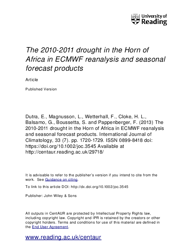 (PDF) The 2010-2011 drought in the Horn of Africa in ECMWF reanalysis ...