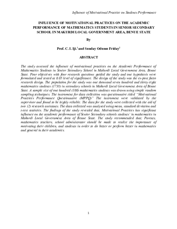 (DOC) INFLUENCE OF MOTIVATIONAL PRACTICES ON THE ACADEMIC PERFORMANCE ...