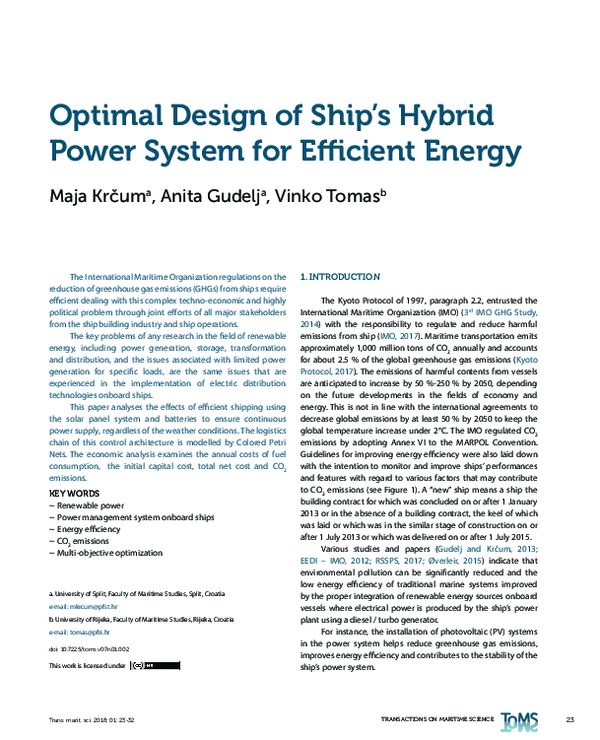 (PDF) Optimal Design of Ship’s Hybrid Power System for Efficient Energy