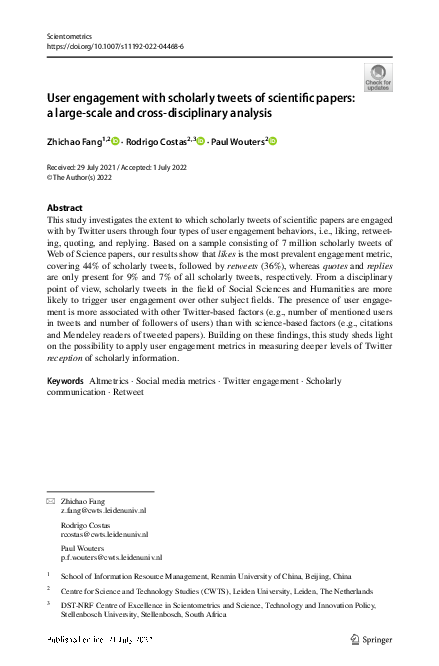 (PDF) User engagement with scholarly tweets of scientific papers: a ...