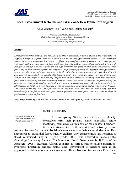 (PDF) Local Government Reforms and Grassroots Development in Nigeria