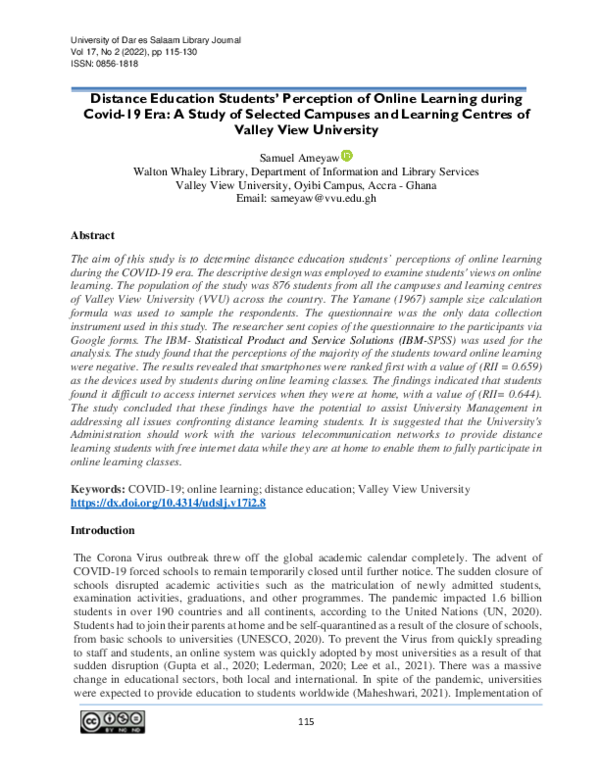 (PDF) Distance Education Students’ Perception of Online Learning during ...