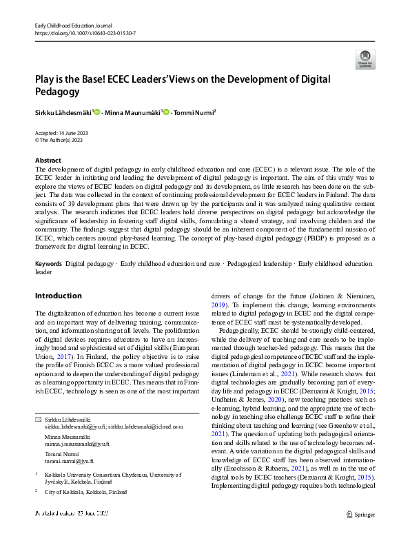(PDF) Play is the Base! ECEC Leaders’ Views on the Development of ...