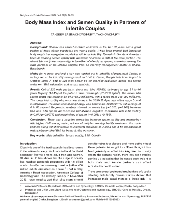 (PDF) Body Mass Index and Semen Quality in Partners of Infertile Couples