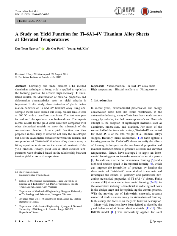 (PDF) A Study on Yield Function for Ti–6Al–4V Titanium Alloy Sheets at