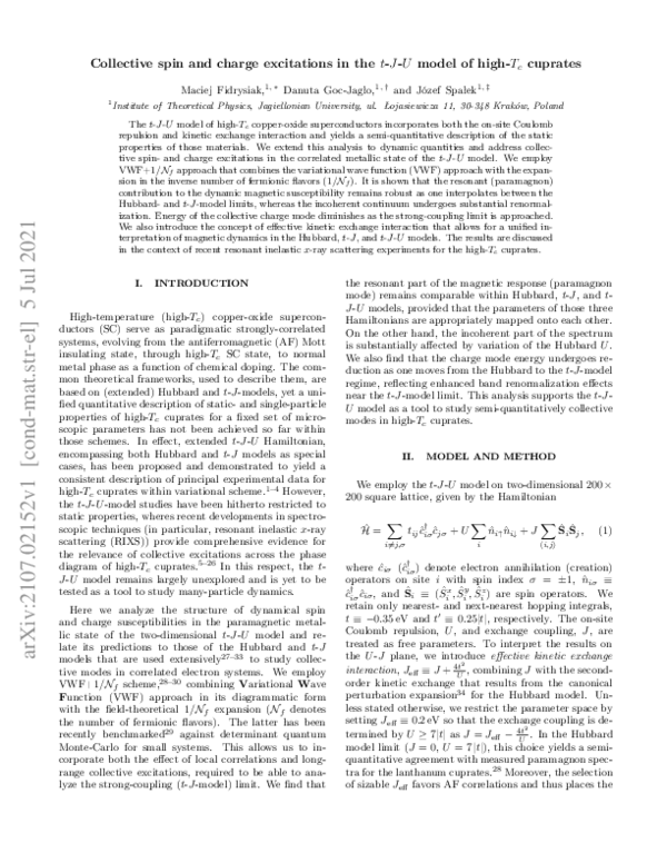 (PDF) Collective spin and charge excitations in the t-J-U model of high ...