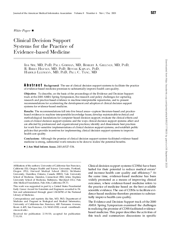 (PDF) Clinical Decision Support Systems for the Practice of Evidence ...