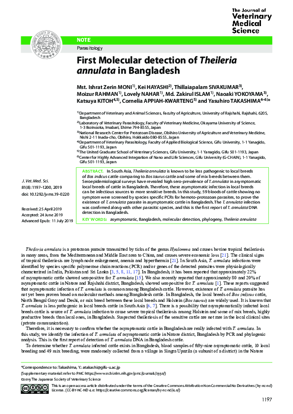 (PDF) First Molecular detection of Theileria annulata in Bangladesh