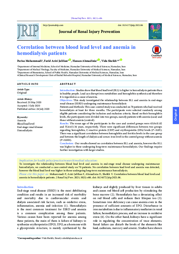 (PDF) Correlation between blood lead level and anemia in hemodialysis ...