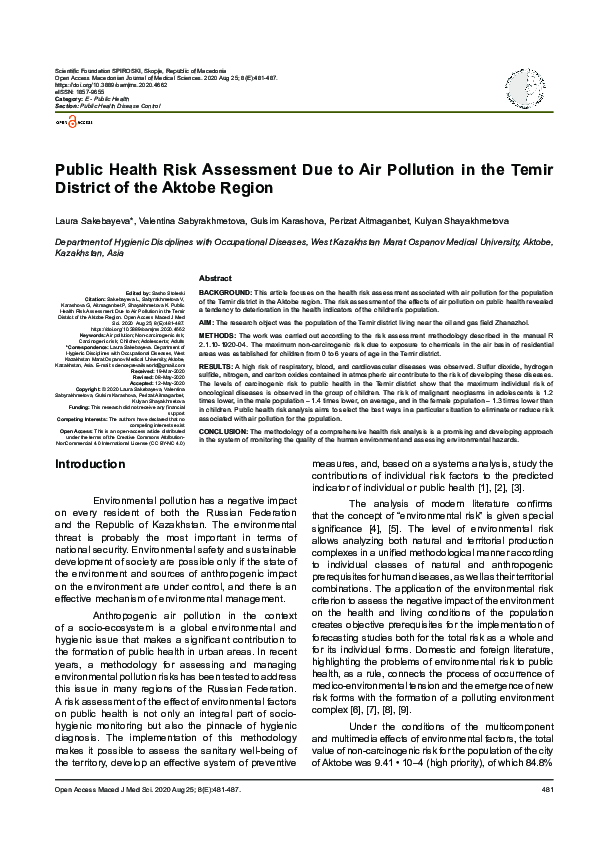 (PDF) Public Health Risk Assessment Due to Air Pollution in the Temir ...