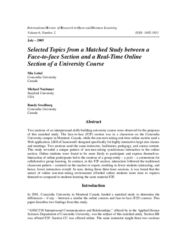 (PDF) Selected Topics from a Matched Study between a Face-to-face ...