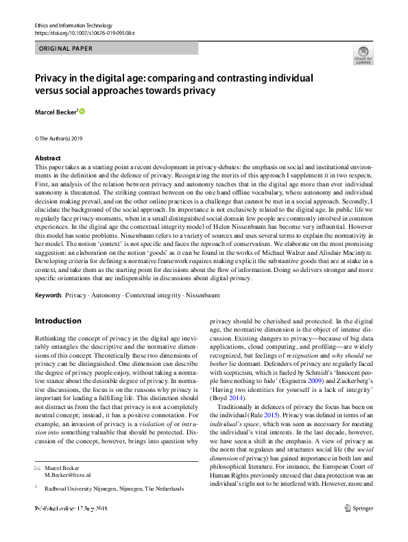 (PDF) Privacy in the digital age: comparing and contrasting individual ...