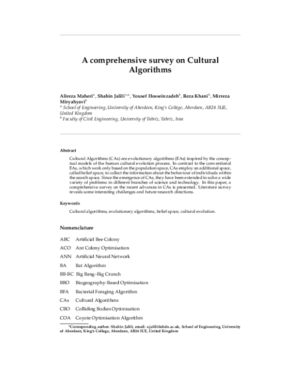 (PDF) A comprehensive survey on cultural algorithms