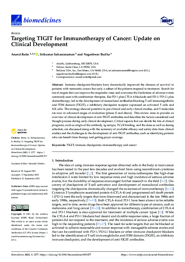(PDF) Targeting TIGIT for Immunotherapy of Cancer: Update on Clinical ...