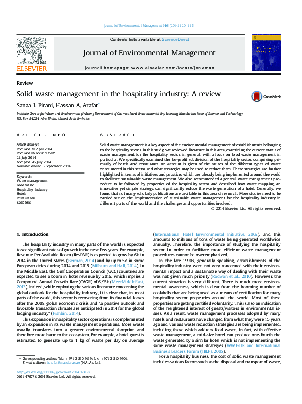 (PDF) Solid waste management in the hospitality industry: A review