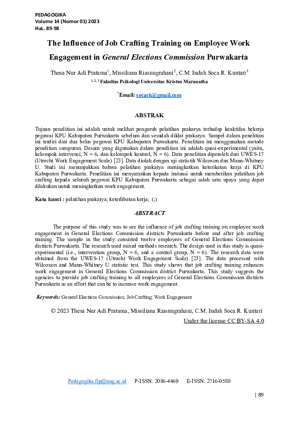 (PDF) The Influence of Job Crafting Training on Employee Work ...
