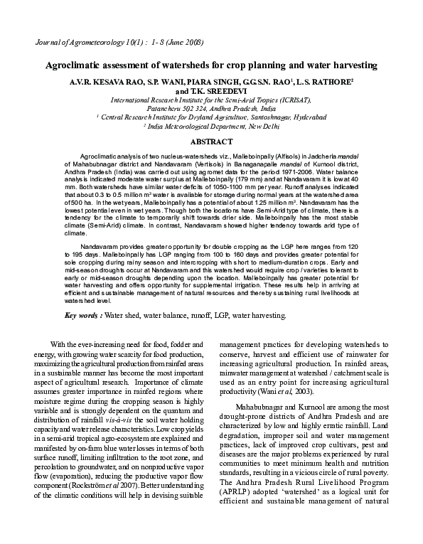 (PDF) Agroclimatic assessment of watersheds for crop planning and water ...