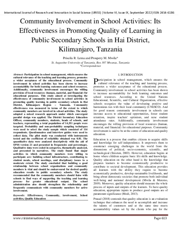 (PDF) Community Involvement in School Activities: Its Effectiveness in ...