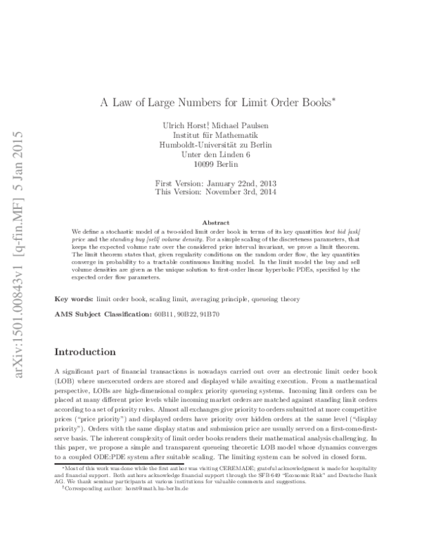 (PDF) A Law of Large Numbers for Limit Order Books