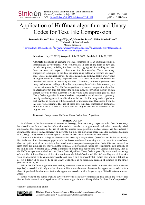 (PDF) Application of Huffman Algorithm and Unary Codes for Text File ...
