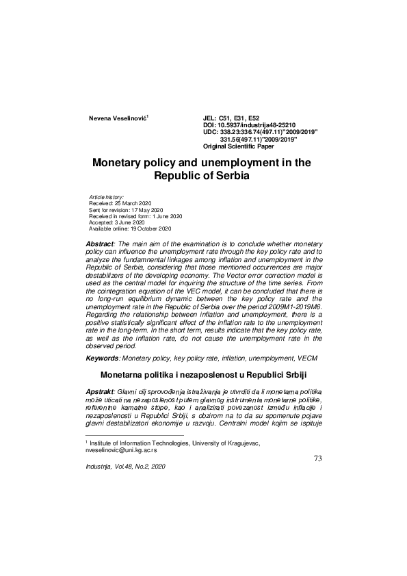(PDF) Monetary policy and unemployment in the Republic of Serbia