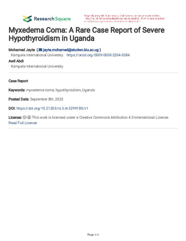 (PDF) Myxedema Coma: A Rare Case Report of Severe Hypothyroidism in ...
