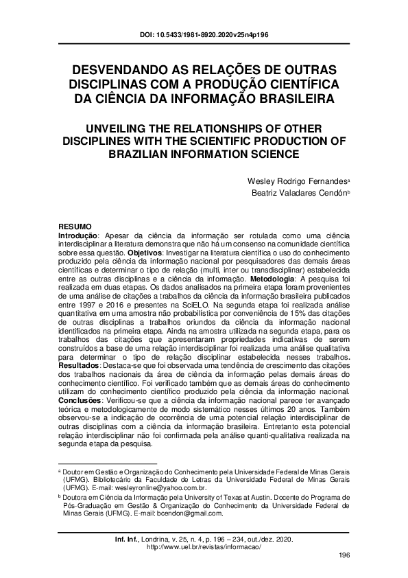 Desvendando as relações de outras disciplinas com a produção científica da ciência da informação brasileira