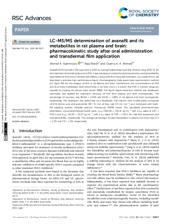 (PDF) LC-MS/MS determination of avanafil and its metabolites in rat ...