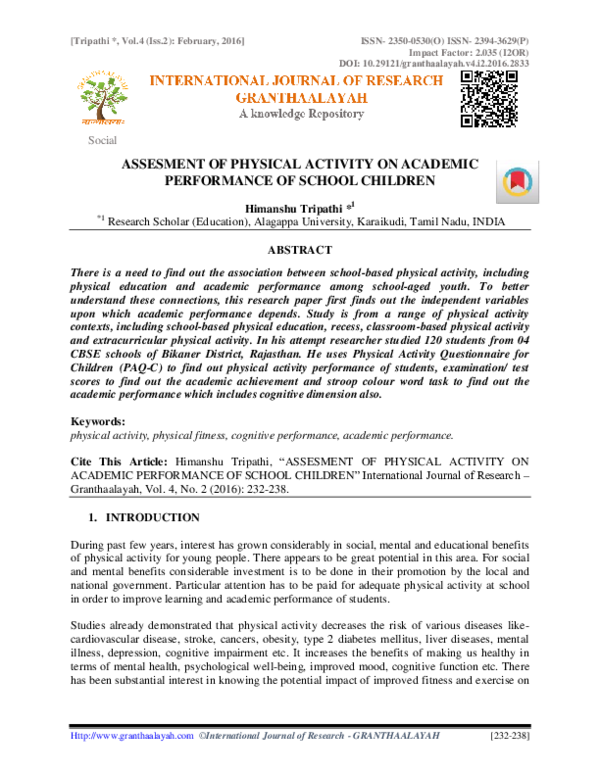 (PDF) Assesment of Physical Activity on Academic Performance of School ...