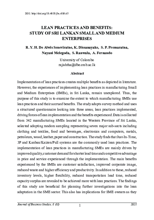 (PDF) Lean practices and benefits: study of Sri Lankan small and medium ...