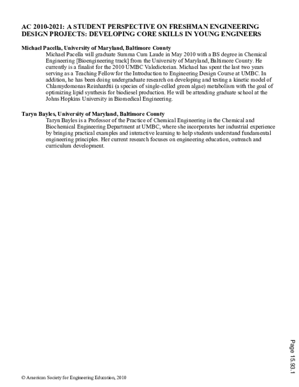 (PDF) A Student Perspective On Freshman Engineering Design Projects ...