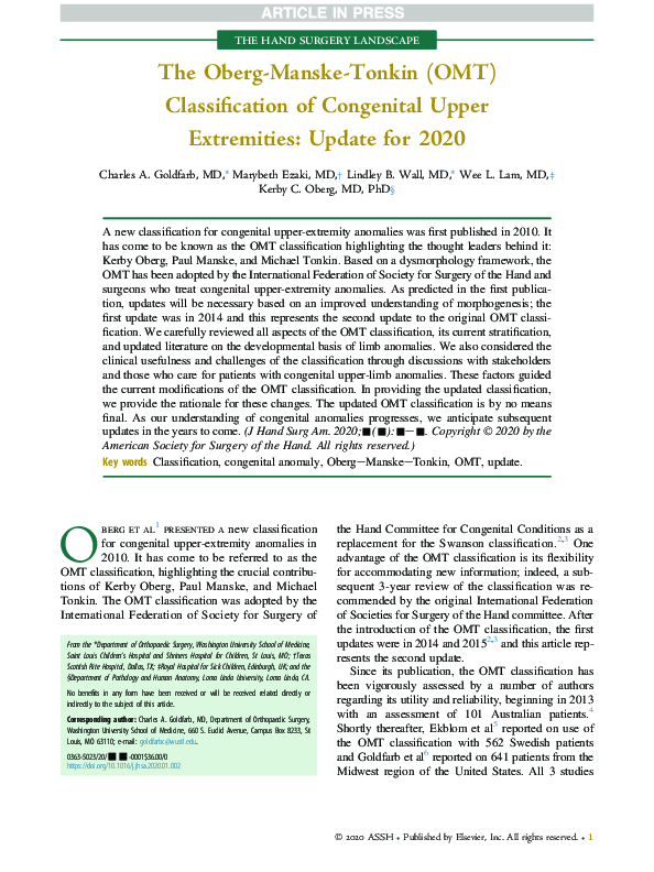 (PDF) The Oberg-Manske-Tonkin (OMT) Classification of Congenital Upper ...