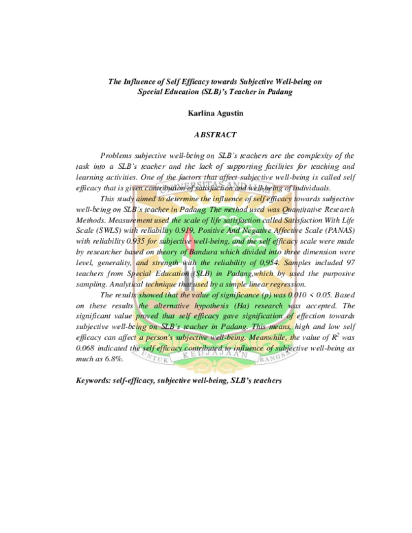 (PDF) The Influence of Self Efficacy towards Subjective Well-being on ...
