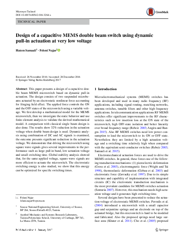 (PDF) Design of a capacitive MEMS double beam switch using dynamic pull ...