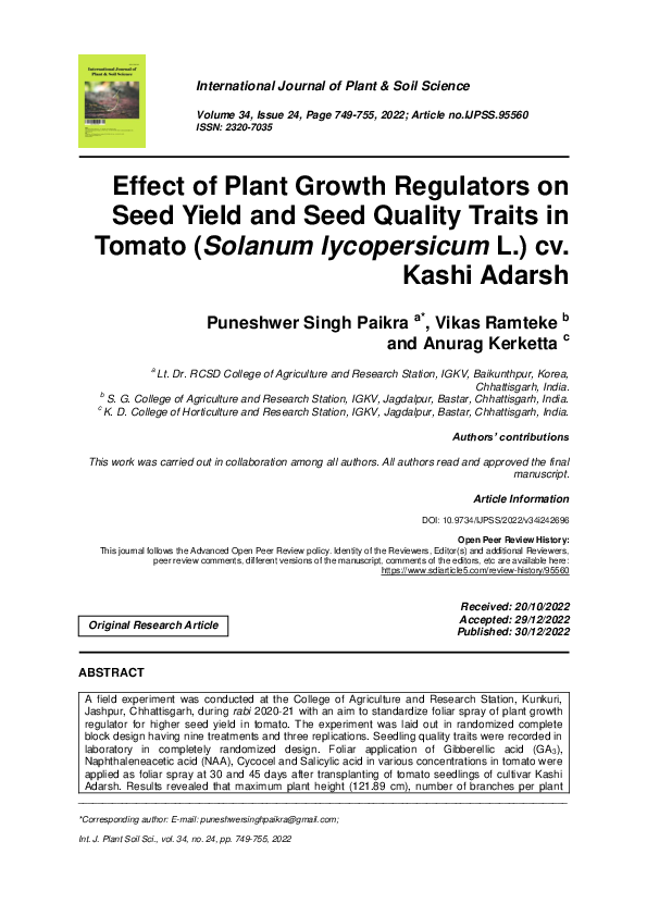 PDF) Effect of Plant Growth Regulators on Seed Yield and Seed Quality  Traits in Tomato (Solanum lycopersicum L.) cv. Kashi Adarsh