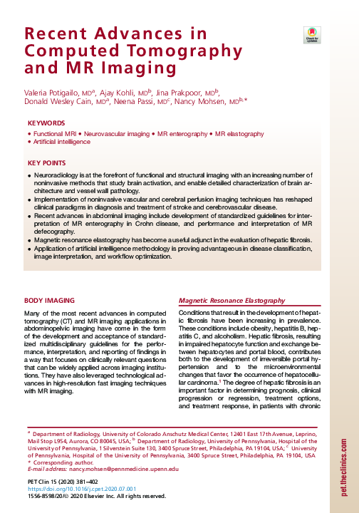 (PDF) Recent Advances in Computed Tomography and MR Imaging