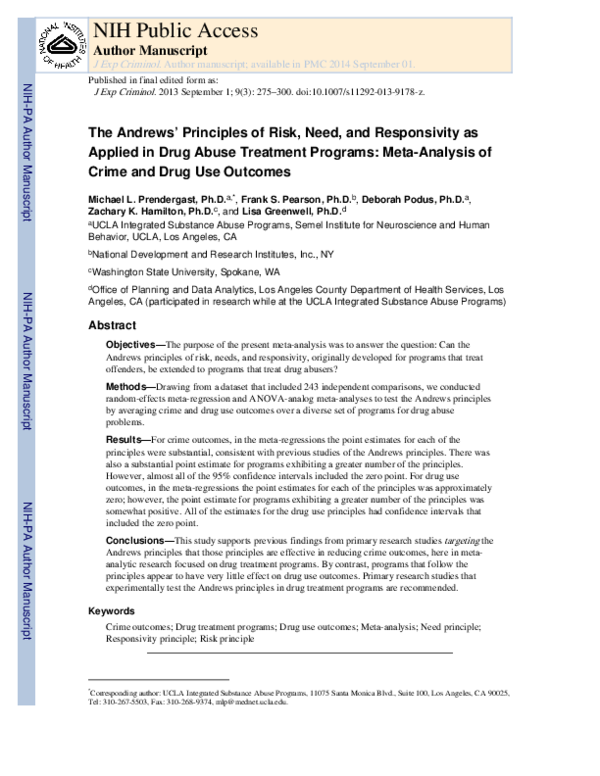 (PDF) The Andrews’ principles of risk, needs, and responsivity as ...