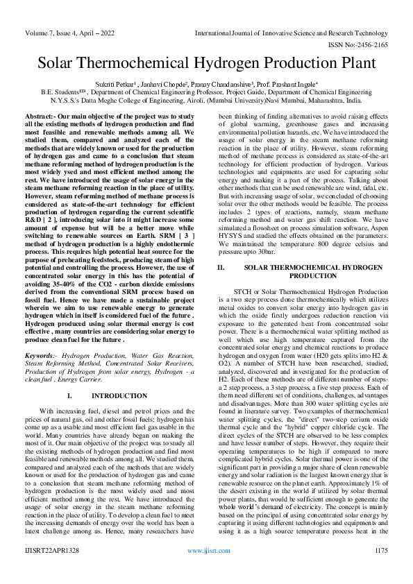 (PDF) Solar Thermochemical Hydrogen Production Plant