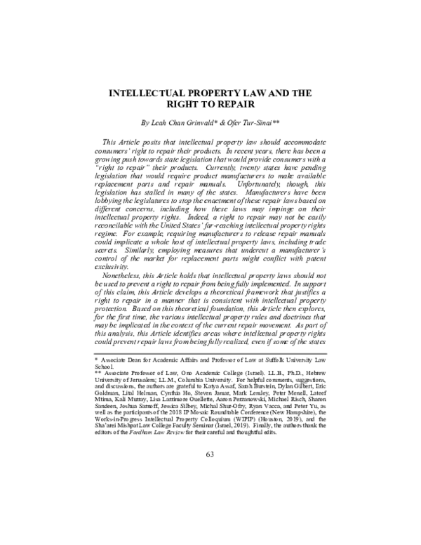 (PDF) Intellectual Property Law and the Right to Repair