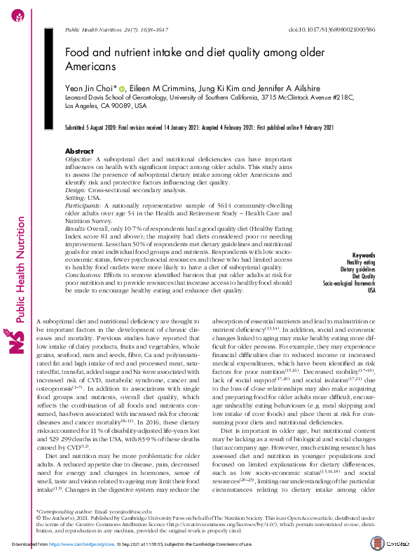 (PDF) Food and nutrient intake and diet quality among older Americans