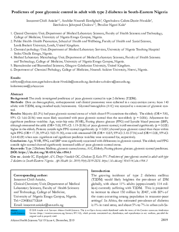 (PDF) Predictors of poor glycemic control in adult with type 2 diabetes ...