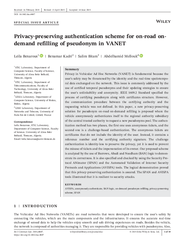 (PDF) Privacy-preserving Authentication Scheme for VANETs using ...