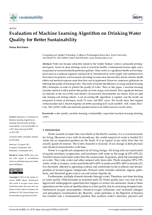 (PDF) Evaluation of Machine Learning Algorithm on Drinking Water ...