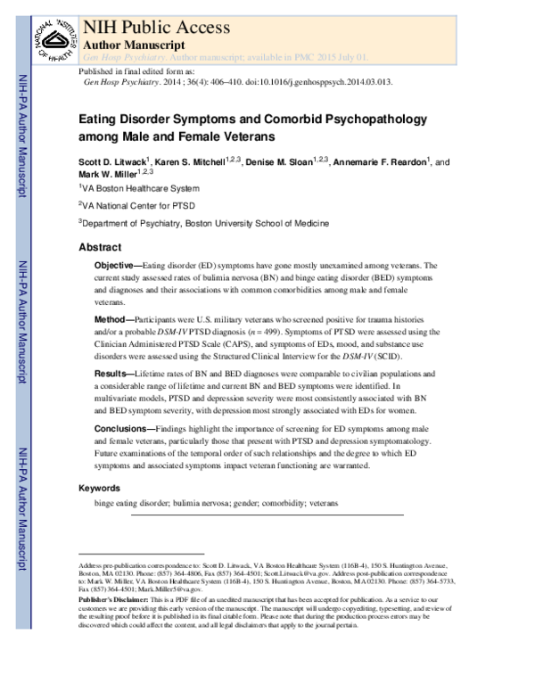 (PDF) Eating disorder symptoms and comorbid psychopathology among male ...