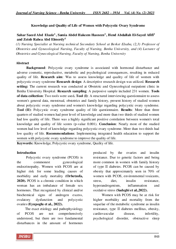 (PDF) Knowledge and Quality of Life of Women with Polycystic Ovary Syndrome