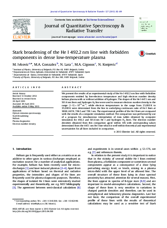 (PDF) Stark broadening of the He I 492.2 nm line with forbidden ...