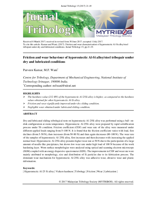 (PDF) Friction and wear behaviour of hypereutectic Al-Si alloy/steel ...