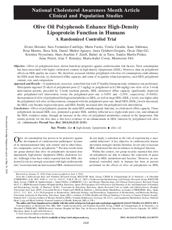 (PDF) Olive oil polyphenols enhance highdensity lipoprotein function