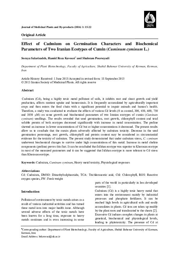 (PDF) Effect of Cadmium on Germination Characters and Biochemical ...